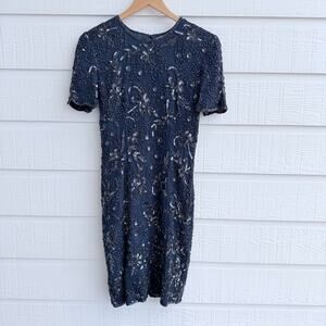 AP Ltd Navy Silk Beaded Sequin Sheath Dress Vintage Cocktail Party sz 8
